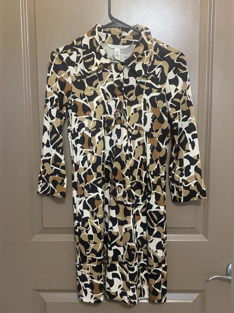 Diane von Furstenberg Black, White & Tan Abstract Silk Dress